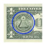 A portion of the backside of an American one-dollar bill. The bill is green and has text and patterns indicating that it is a one-dollar bill. In the center, there is an image of a triangular eye floating above a thirteen step pyramid. It is circled in blue. 