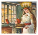 An illustration of a young woman dresses in a white robe, red sash, and head wreath with lit candles on it. She stands with a young child dressed in a winter jacket, hat, and mittens. They look into a window from outside. The woman holds a large loaf of bread on a platter.